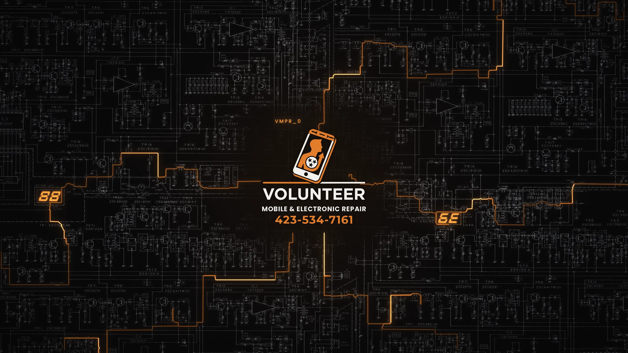 Volunteer Mobile & Electronic Repair, 423-534-7161. Logo of a phone with a Tennessee tri-star over a glowing circuit schematic.